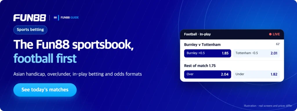 The Fun88 sportsbook: an in-play football screen with Asian handicap prices